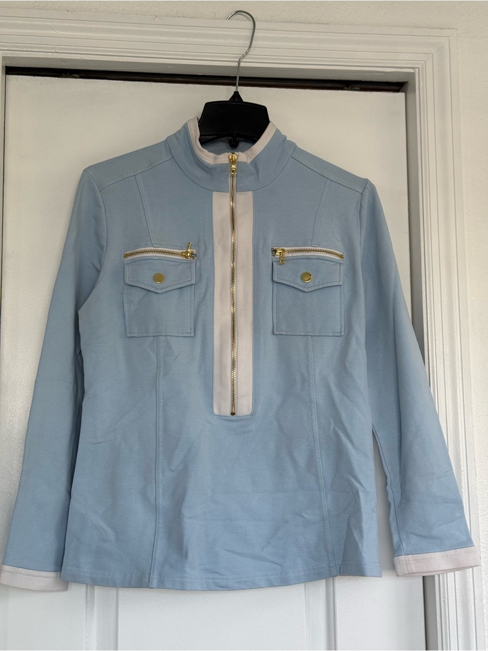 Boston Proper Light Blue Pullover Jacket with Cream Trim and Gold Hardware
